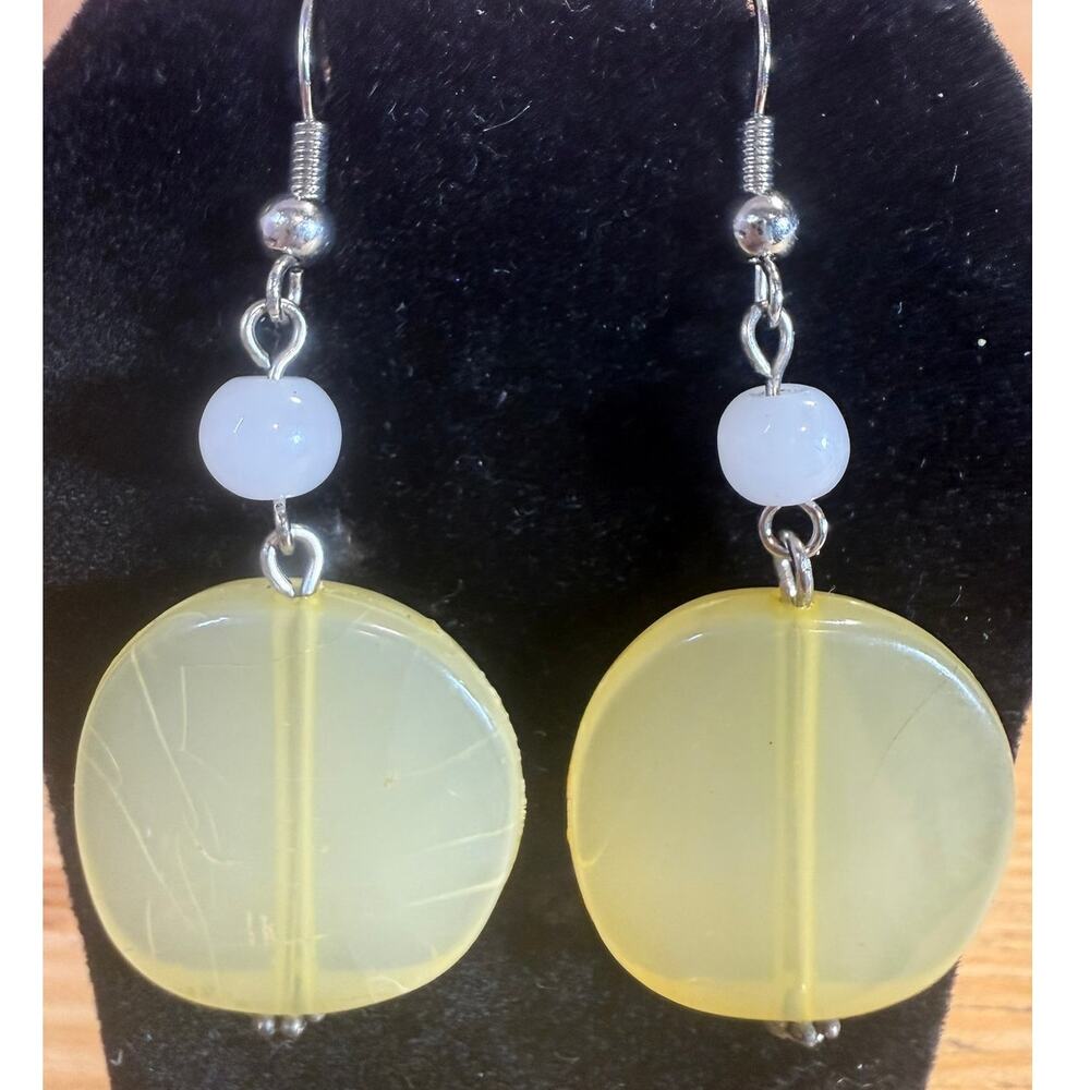 Pale Yellow Lucite Acrylic Square Bead Dangle Earrings White Bead 2.25"
